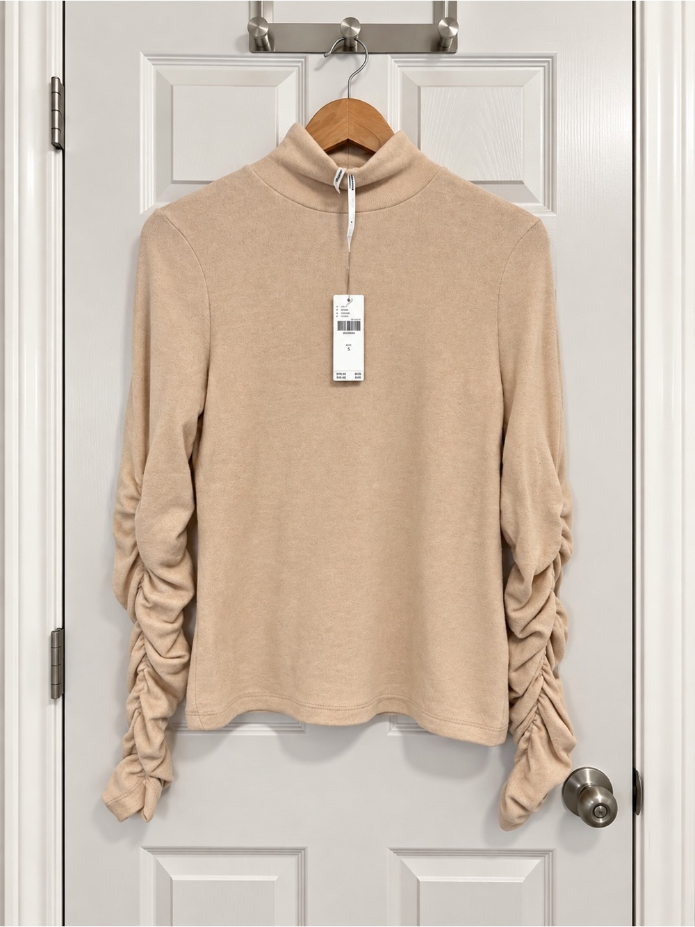 Anthropologie Beige Ruched Sleeve Mock Neck Top Size Small NWT